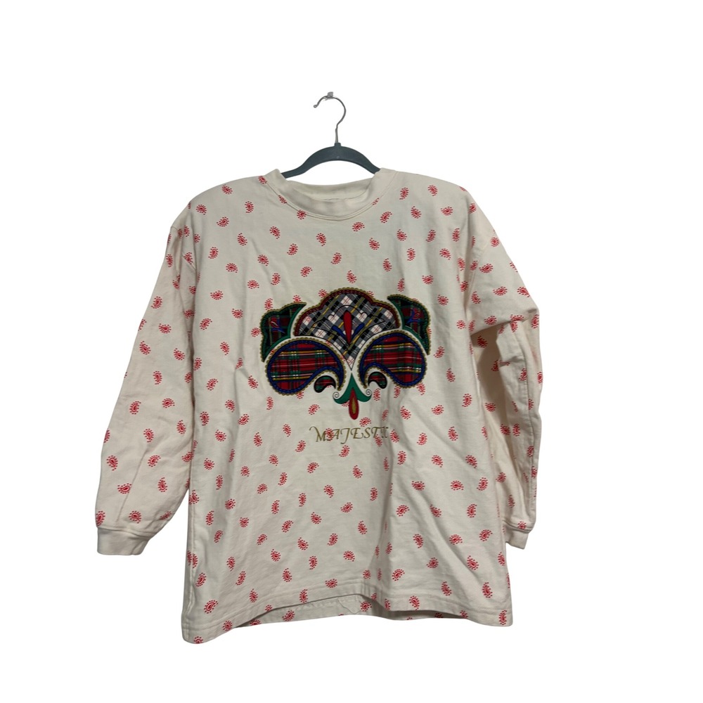 Gitano Sweatshirt Vintage 90s Paisley Plaid Fleur De Lis Cream Red M